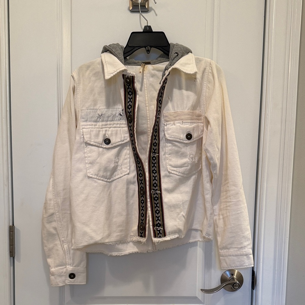 Free People Cream Shirt Jacket with Patterned Trim